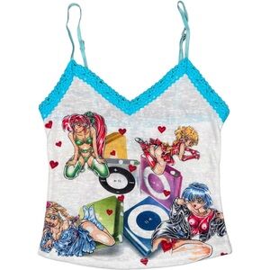 Anime Graphic Print Camisole with Blue Lace Trim